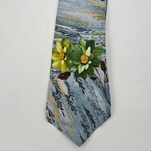 Beautiful Green and Yellow Floral Necktie with Blue Background AS IA